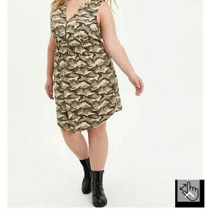 NWT Torrid Sleeveless Zip Front Tie Waist Shirt Dress Stretch Challis Camo